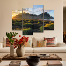Load image into Gallery viewer, Black Sand Beach In Iceland And Sunset Over Vestrahorn Batman Mountain Framed Canvas Print