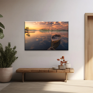 Sunset Reflection Boat In Peaceful Lake Ringerike Norway Picture Canvas Prints