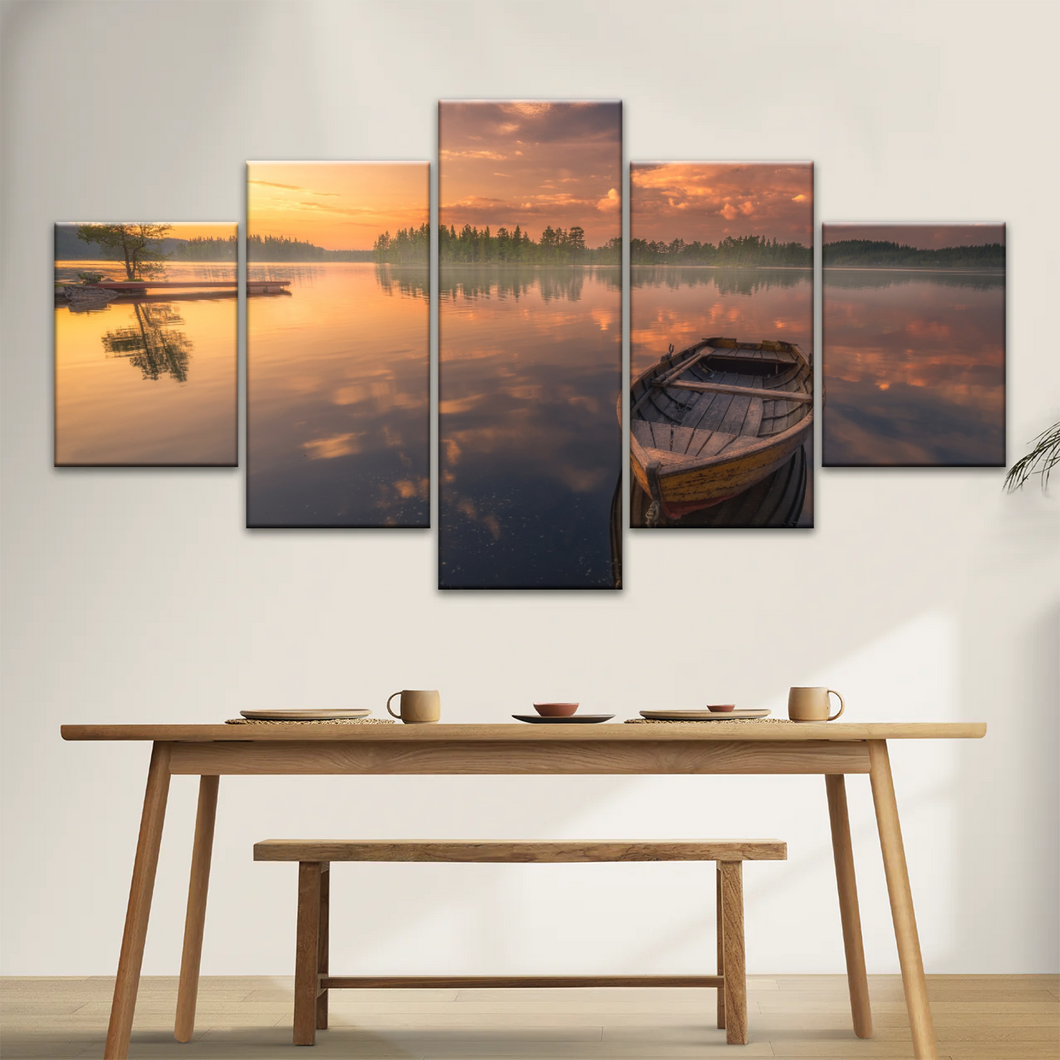 Sunset Reflection Boat In Peaceful Lake Ringerike Norway Picture Canvas Prints