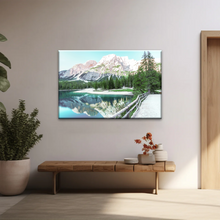 Load image into Gallery viewer, Lush Coniferous Trees Beside Lake Under The Snow-capped Mountains Wall Art