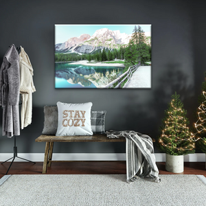 Lush Coniferous Trees Beside Lake Under The Snow-capped Mountains Wall Art