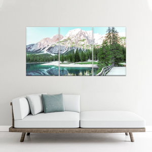 Lush Coniferous Trees Beside Lake Under The Snow-capped Mountains Wall Art