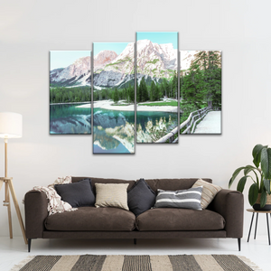 Lush Coniferous Trees Beside Lake Under The Snow-capped Mountains Wall Art