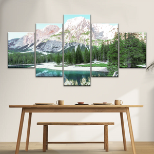 Lush Coniferous Trees Beside Lake Under The Snow-capped Mountains Wall Art