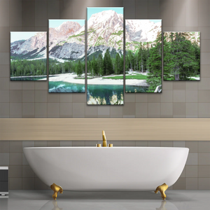 Lush Coniferous Trees Beside Lake Under The Snow-capped Mountains Wall Art