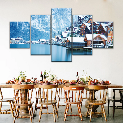 Riverside Village Under The Snow-Capped Mountains Wall Art